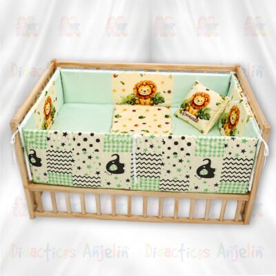 Kit de decoración para cuna de bebé con protectores acolchados, cojines decorativos y diseño infantil de león en tonos verde y beige