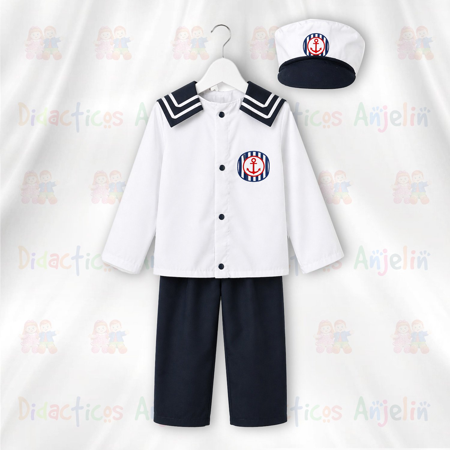 Disfraz tipo marine para niño colgado en gancho, uniforme infantil de fuerza pública hecho a mano