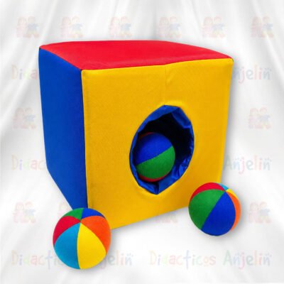 Juego didáctico de puntería para bebés y niños, cubo de tela con pelotas suaves de colores para desarrollar coordinación, motricidad y estimulación temprana.