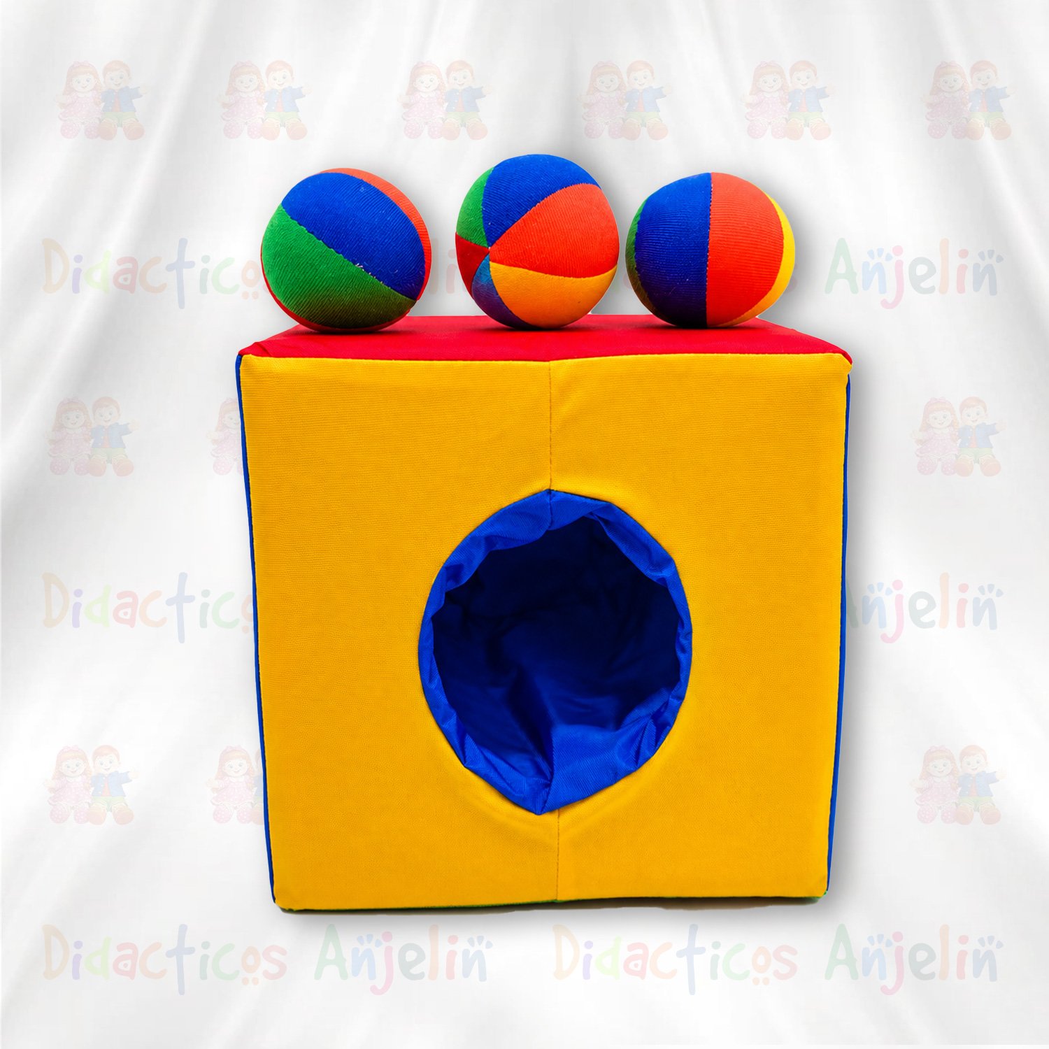 Juego didáctico de puntería para bebés y niños, cubo de tela con pelotas suaves de colores para desarrollar coordinación, motricidad y estimulación temprana.