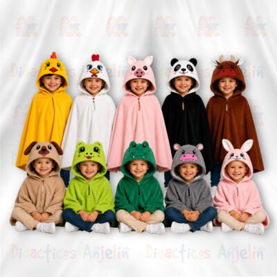 Niños usando capas infantiles con capucha de animales, disfraces suaves y coloridos de pollo, gallina, cerdo, panda, vaca, perro, rana, cocodrilo, hipopótamo y conejo.