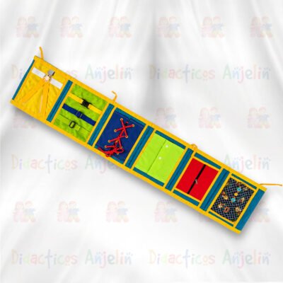 Panel didáctico de tela extensible para bebés, juguete sensorial con actividades de motricidad fina como cremalleras, broches, cordones, velcro y texturas, ideal para estimulación temprana.