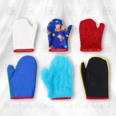 Set de 6 guantes sensoriales de tela para bebés, juguete de estimulación temprana con diferentes texturas y colores que desarrollan la motricidad y el aprendizaje táctil.