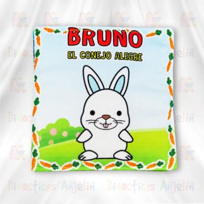 Libro didáctico de tela para bebés “Bruno el conejo alegre”, juguete educativo infantil con ilustración de conejo, ideal para estimulación temprana y aprendizaje.