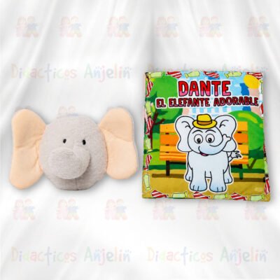 libro de tela, cuento para bebé, Dante el elefante, estimulación temprana, desarrollo sensorial, aprendizaje infantil, hecho a mano