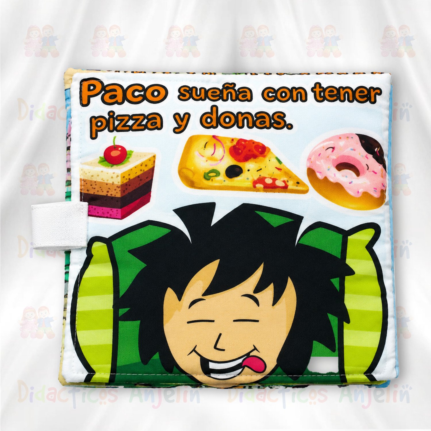Libro didáctico de tela para bebés con ilustraciones de comida y personaje infantil, diseñado para estimulación temprana y aprendizaje