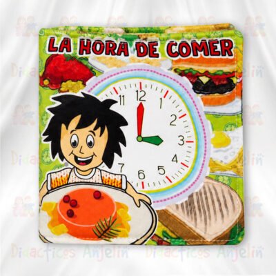 Libro didáctico de tela para bebés “La hora de comer”, juguete educativo sensorial con reloj y alimentos, ideal para enseñar rutinas y estimulación temprana.