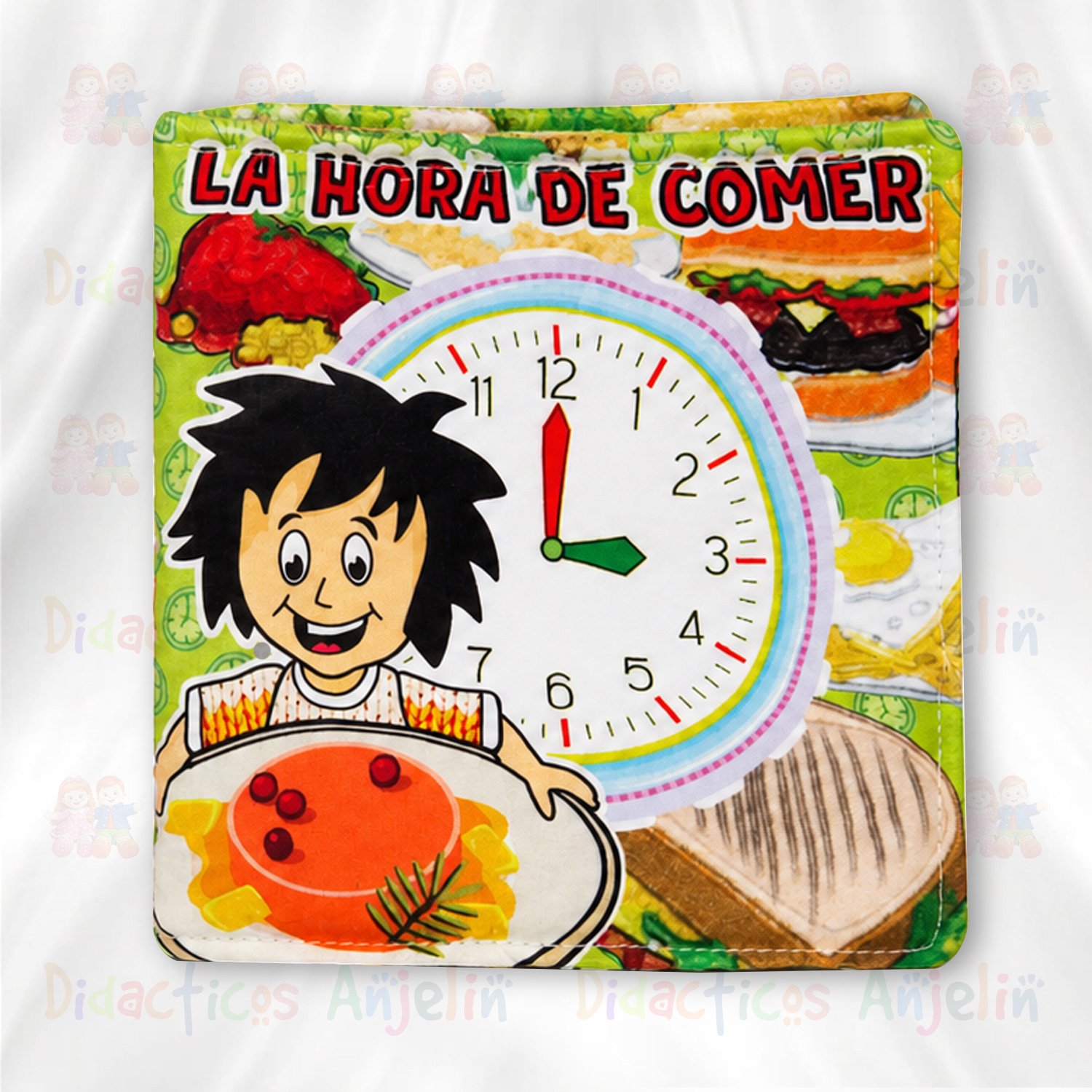 Libro didáctico de tela para bebés “La hora de comer”, juguete educativo sensorial con reloj y alimentos, ideal para enseñar rutinas y estimulación temprana.