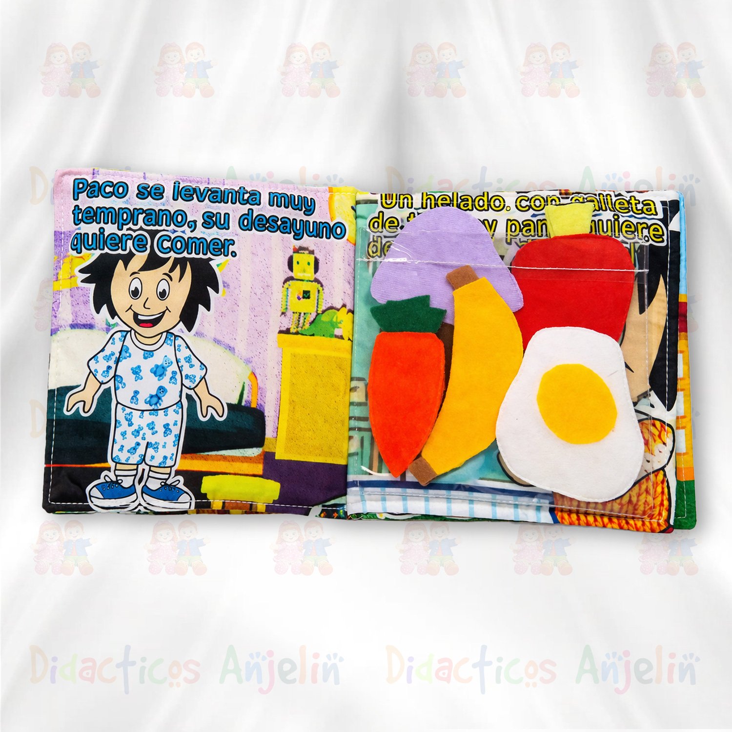 Libro de tela interactivo para bebés con alimentos de tela removibles, actividad educativa para aprender sobre el desayuno y desarrollar habilidades motoras.