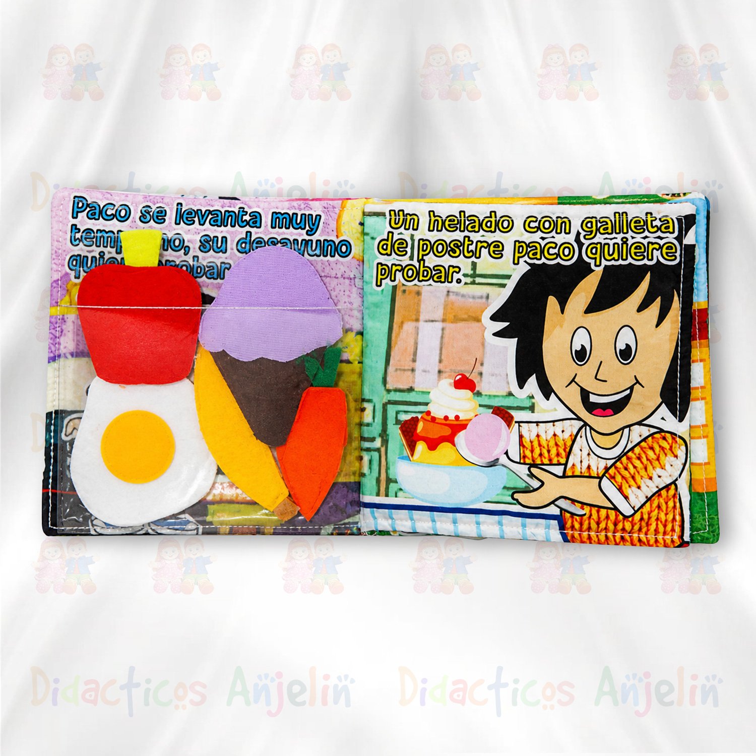 Libro didáctico sensorial con comida de tela y escenas de alimentación, juguete educativo infantil para estimular el aprendizaje y la imaginación.