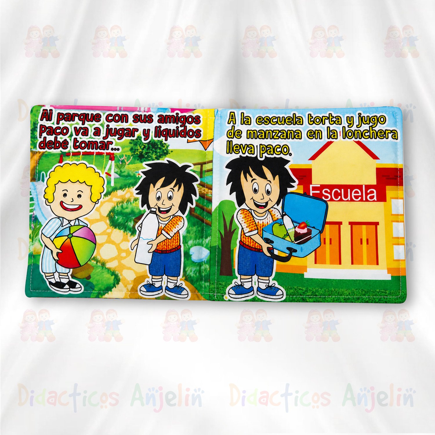 Libro de tela para bebés con escenas de parque y escuela, actividad educativa sobre alimentación y hábitos diarios para estimulación temprana.
