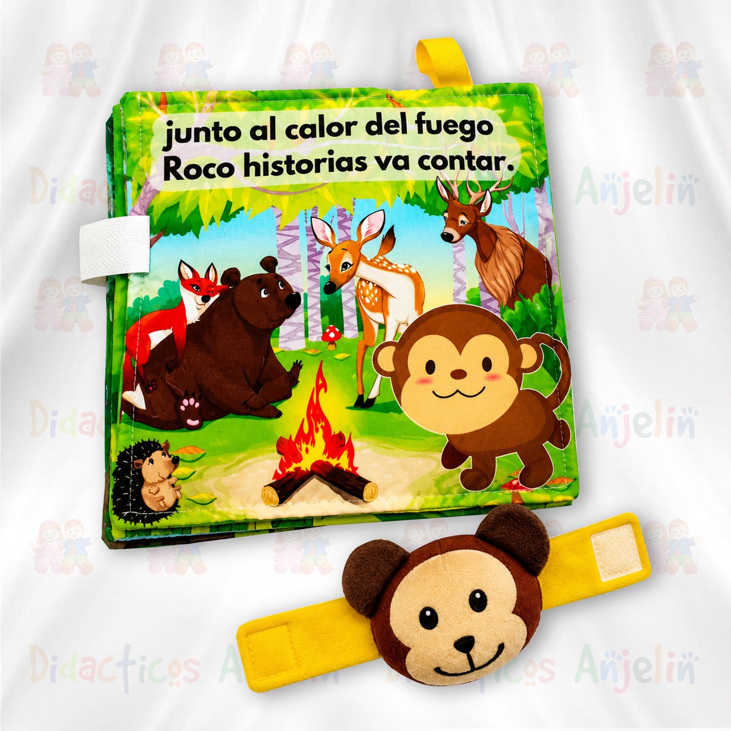Libro sensorial infantil con ilustraciones de animales del bosque y personaje interactivo removible, perfecto para fomentar la imaginación, motricidad fina y entretenimiento educativo