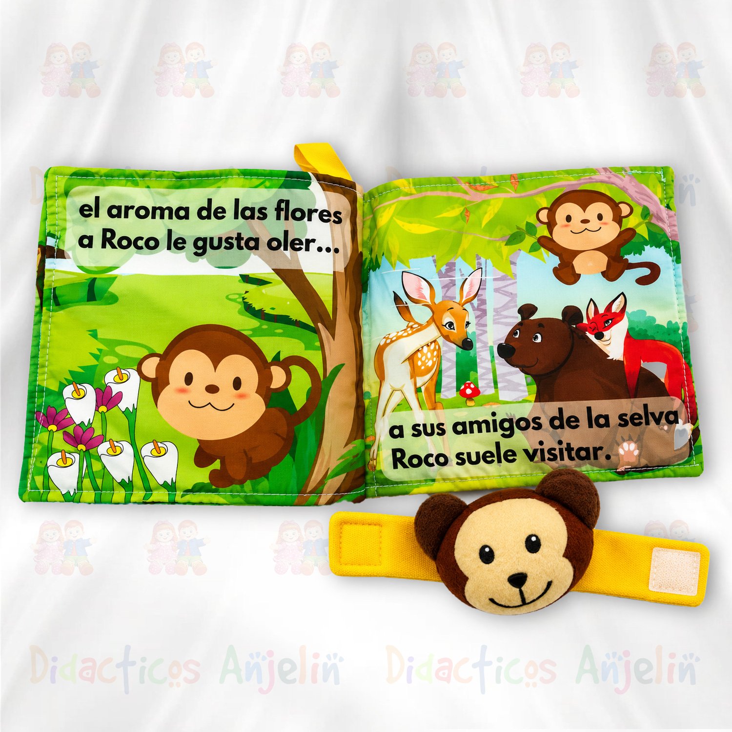 Libro didáctico para bebés con escenas tiernas de amistad y naturaleza, perfecto para desarrollar percepción visual, interacción y exploración sensorial segura