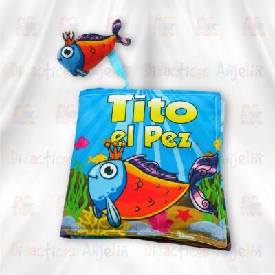 Libro didáctico de tela para bebés ‘Tito el Pez’ con portada marina colorida y pez interactivo acolchado