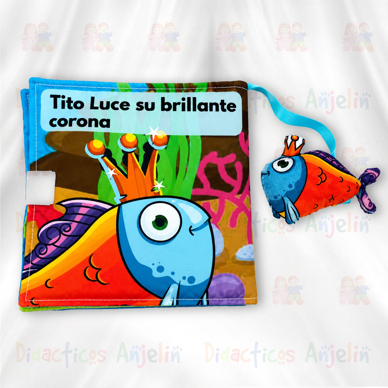 Libro sensorial de tela para bebés con ilustración de Tito el Pez y texto infantil interactivo
