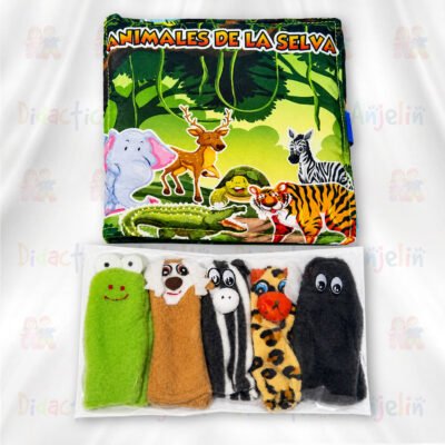 Libro didáctico de tela “Animales de la Selva” con ilustraciones de elefante, venado, cebra, tigre y cocodrilo, acompañado de títeres de dedo de animales.