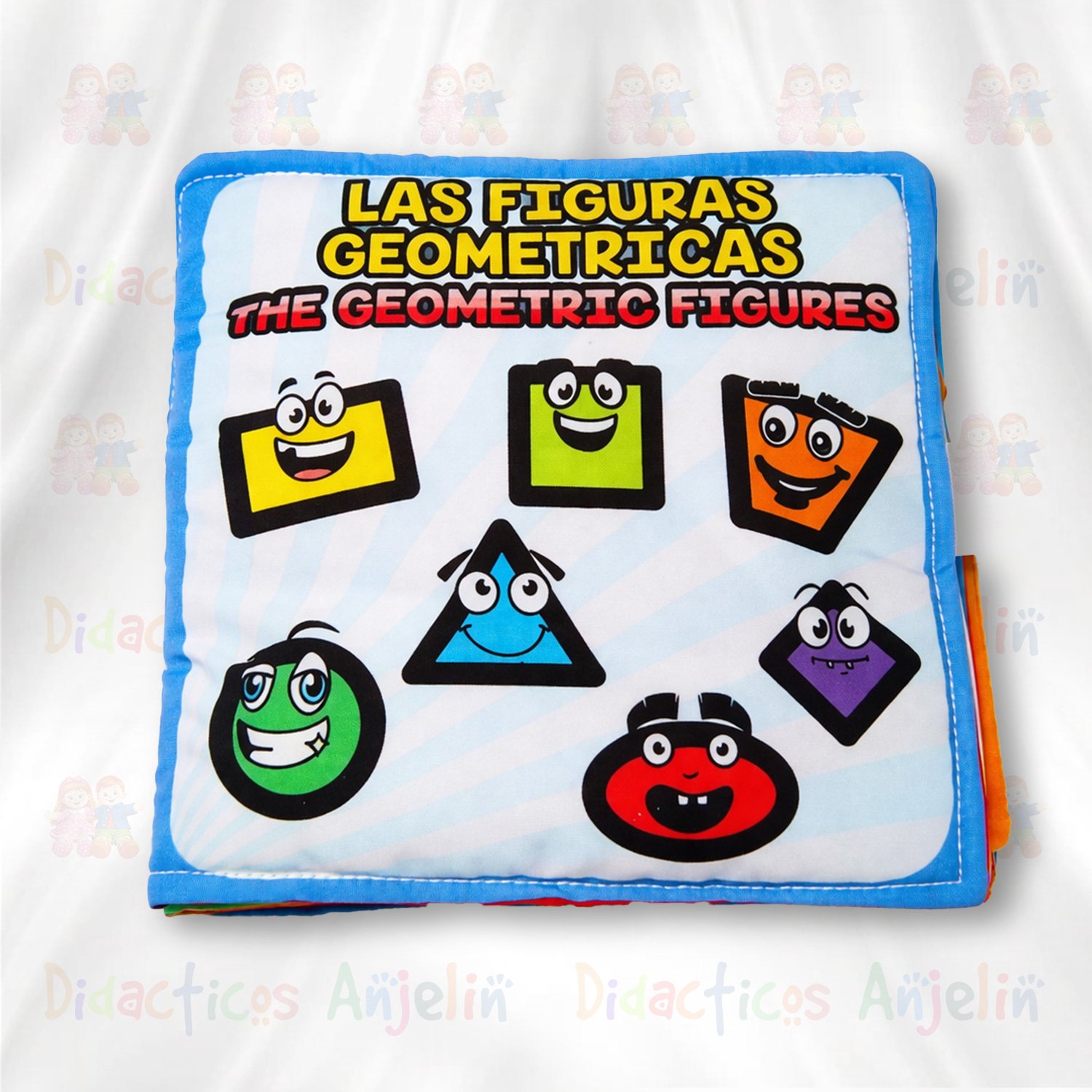 Libro didáctico de tela para bebés “Las figuras geométricas / The geometric figures”, juguete educativo sensorial para aprender formas y estimular el desarrollo temprano.
