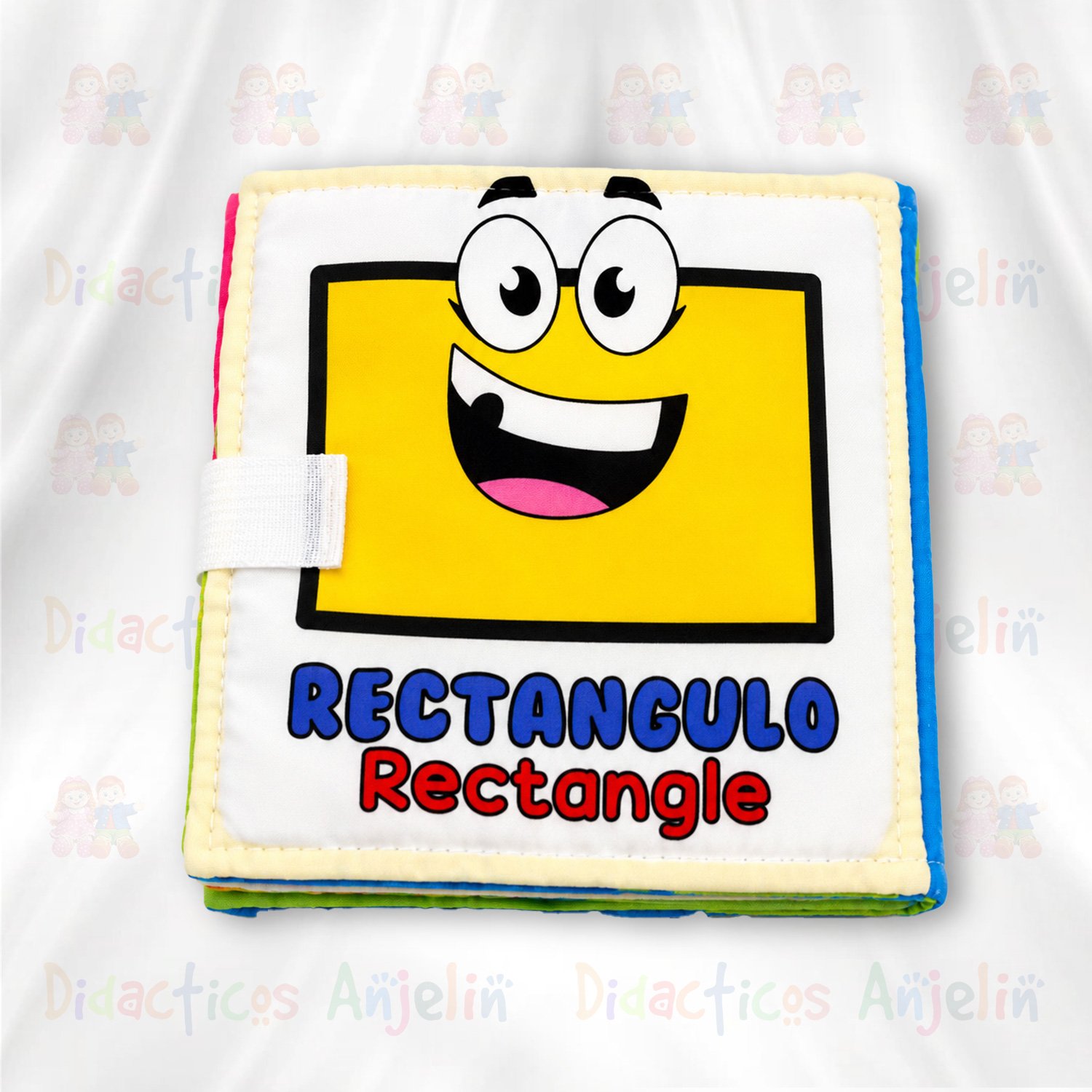 Libro didáctico de tela para bebés con figura de rectángulo bilingüe “Rectángulo / Rectangle”, diseñado para estimular el reconocimiento de formas, colores y aprendizaje temprano mediante ilustraciones llamativas y amigables.