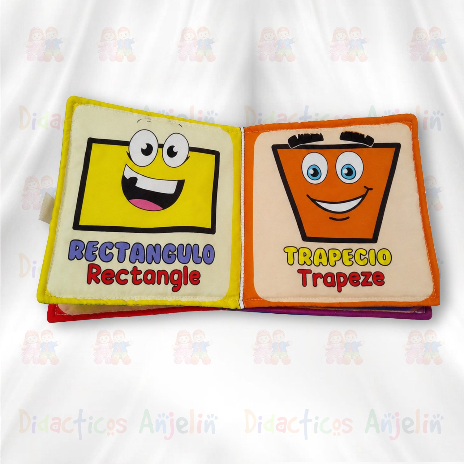 Libro de tela educativo con figuras geométricas como rectángulo y trapecio, juguete infantil bilingüe para aprendizaje de formas y estimulación cognitiva.