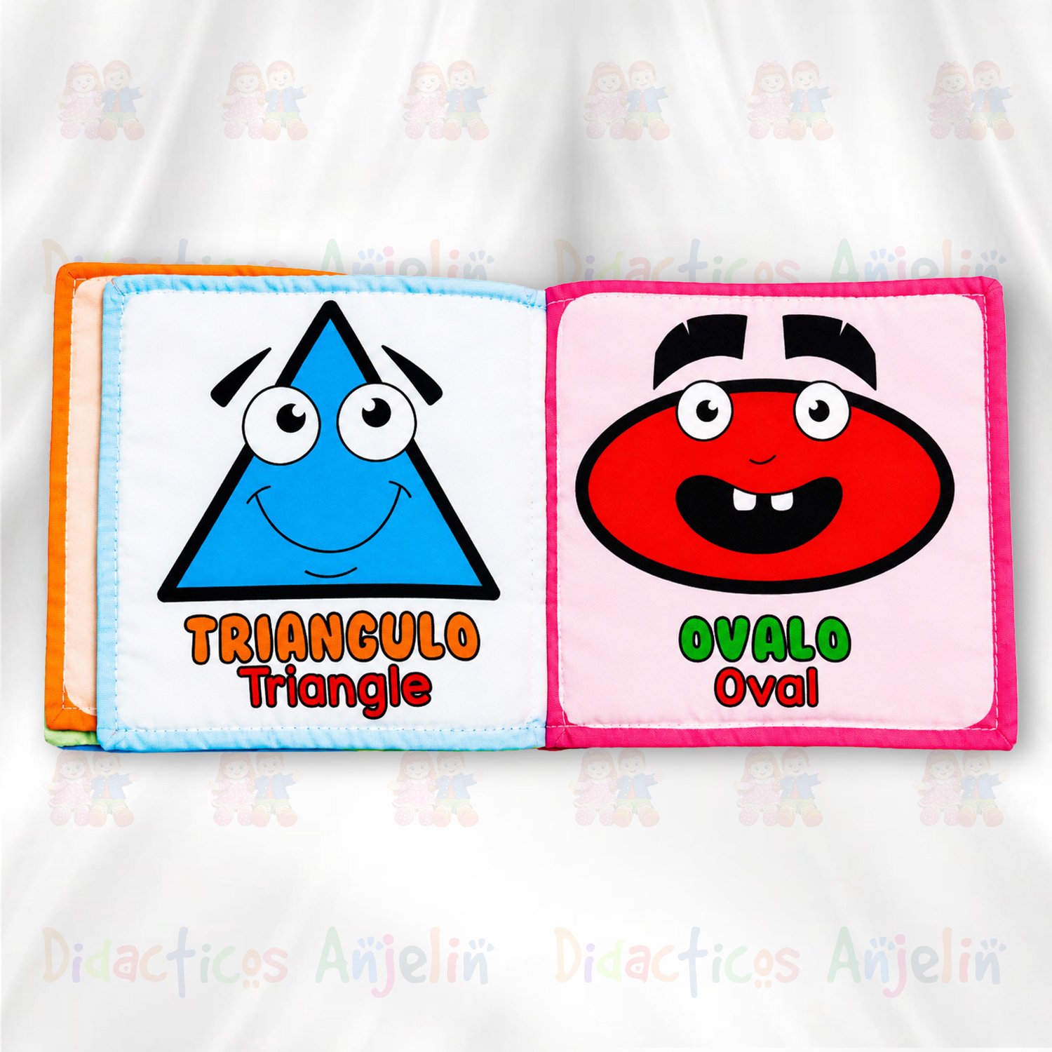 Página educativa de libro sensorial infantil con las figuras “Triángulo / Triangle” y “Óvalo / Oval”, ideal para enseñar figuras geométricas en español e inglés de manera divertida e interactiva