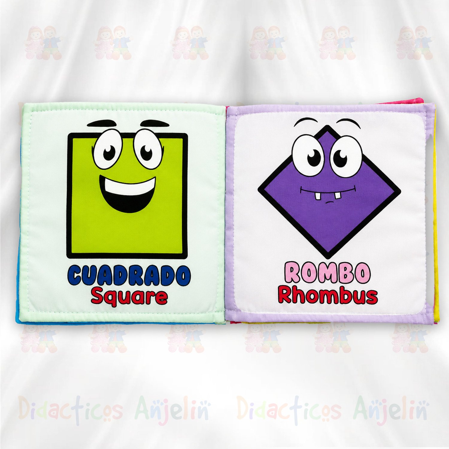 Libro interactivo de tela con figuras geométricas “Cuadrado / Square” y “Rombo / Rhombus”, perfecto para estimulación visual, aprendizaje bilingüe y desarrollo cognitivo en bebés y niños pequeños