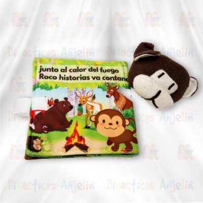 Libro didáctico de tela para bebés con historia de animales del bosque y peluche de mono, juguete educativo sensorial ideal para estimulación temprana.