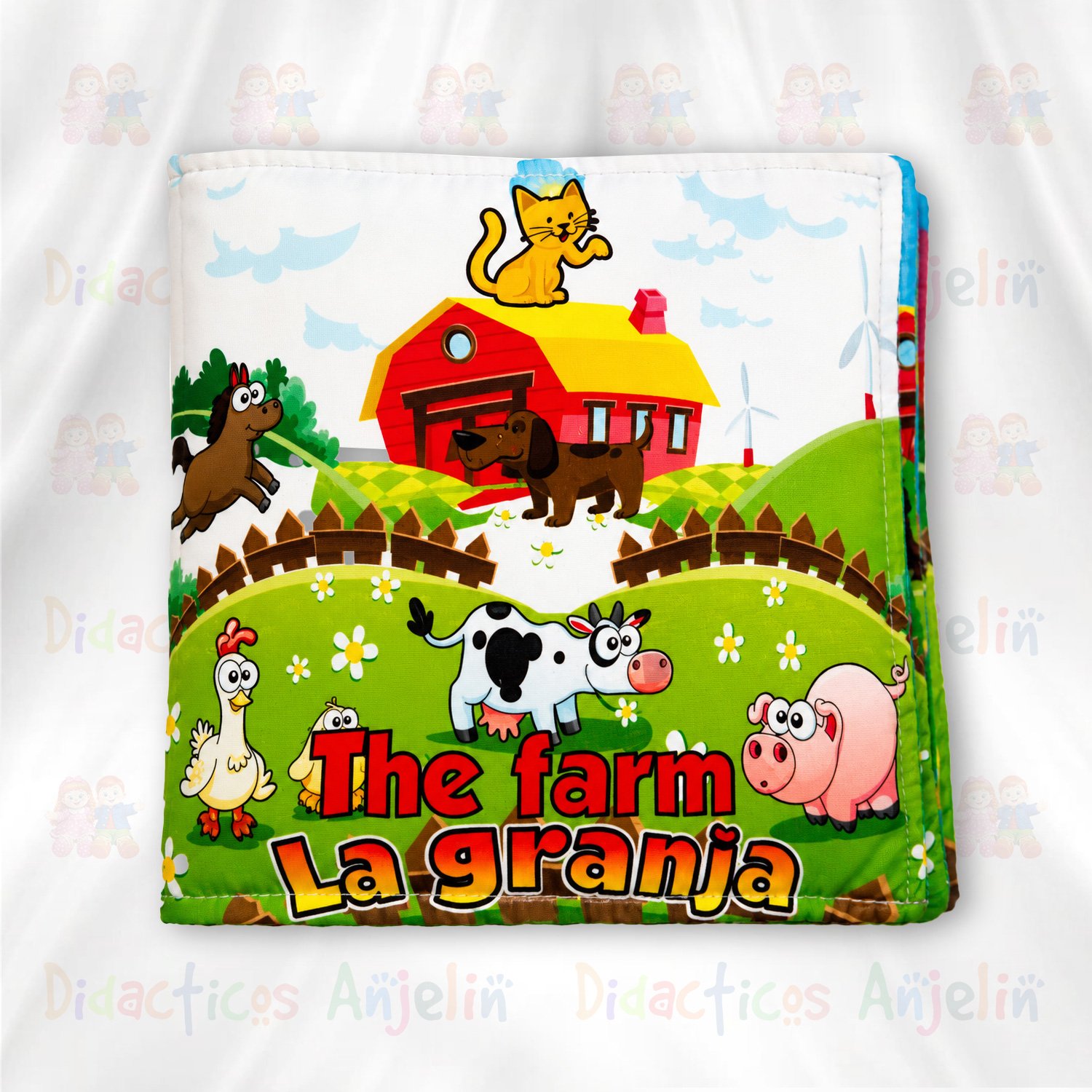 Libro sensorial infantil de tela con temática de animales de granja, diseñado para desarrollar la imaginación, motricidad fina y reconocimiento de animales en bebés y niños pequeños