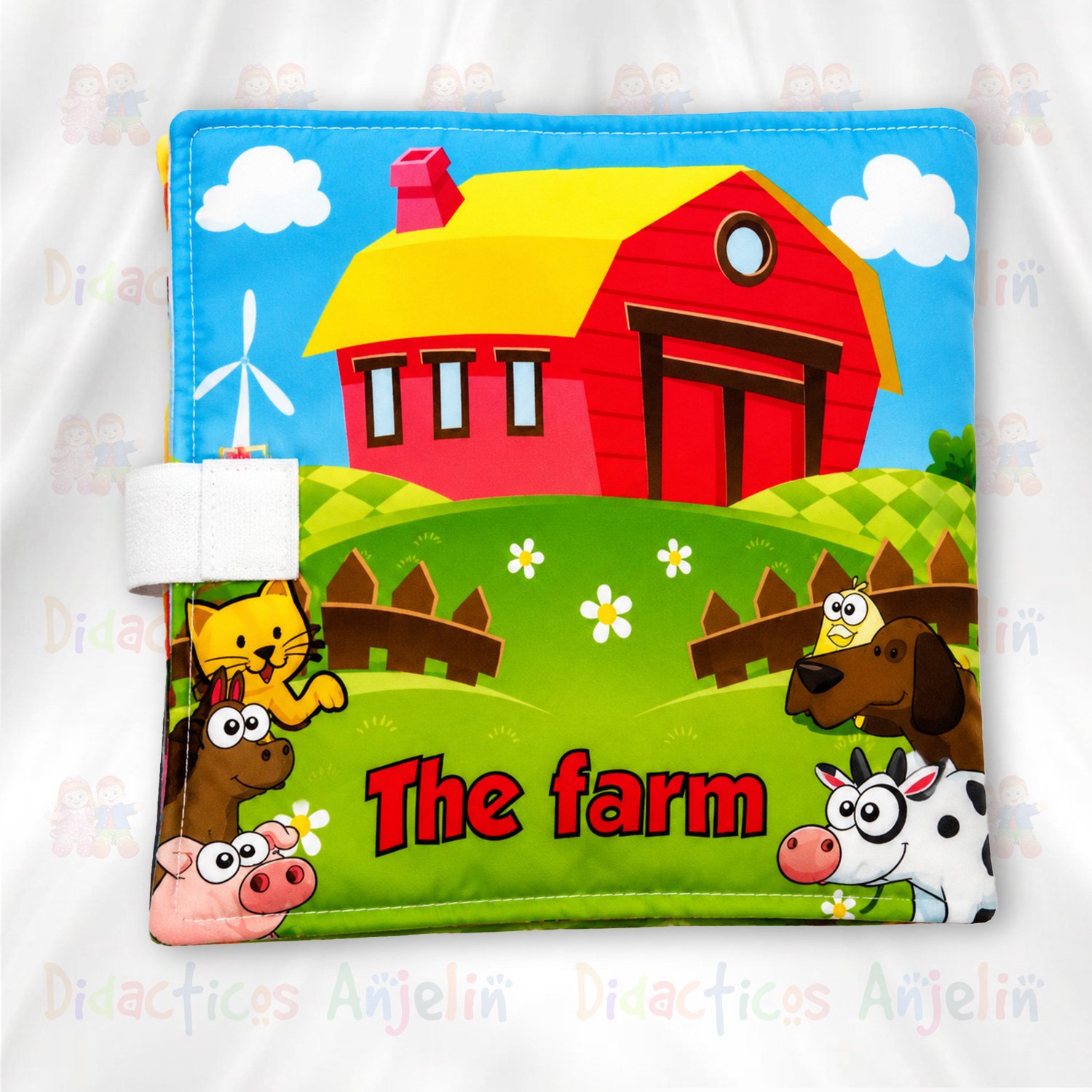Libro didáctico de tela para bebés inspirado en la granja, con animales ilustrados, títeres de dedo y actividades sensoriales para estimular el aprendizaje temprano