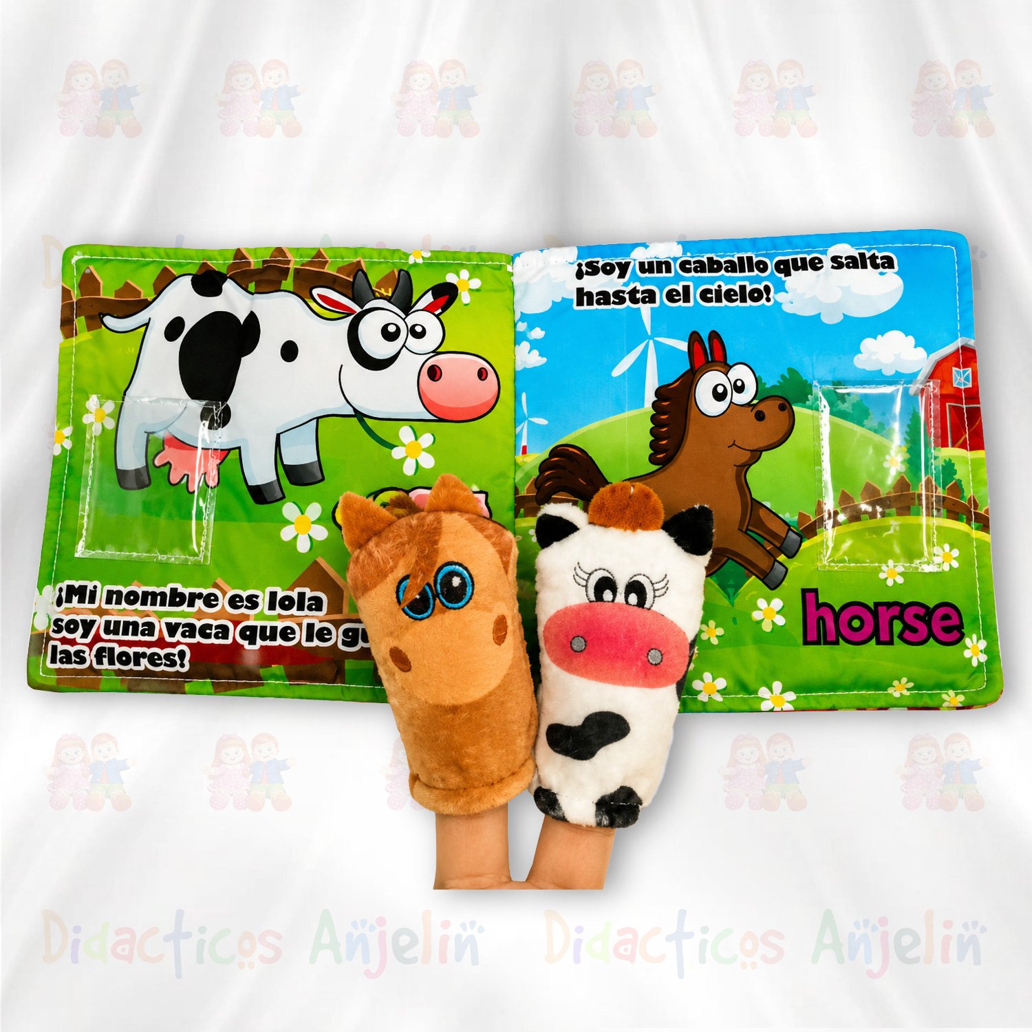 Cuento interactivo de tela para bebés con personajes de granja y títeres suaves incluidos, ideal para estimulación visual y juego educativo temprano