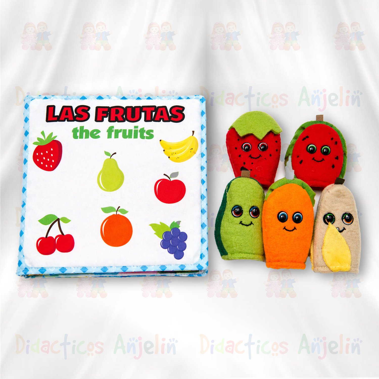 Libro didáctico de tela para bebés “Las frutas / The fruits” con títeres de dedo de frutas, juguete educativo sensorial para aprender frutas y estimulación temprana.