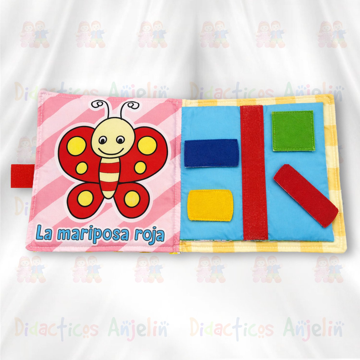 Libro didáctico de tela sobre colores con mariposa roja y piezas de velcro para encajar, juguete sensorial para bebés que estimula motricidad fina y aprendizaje de colores.