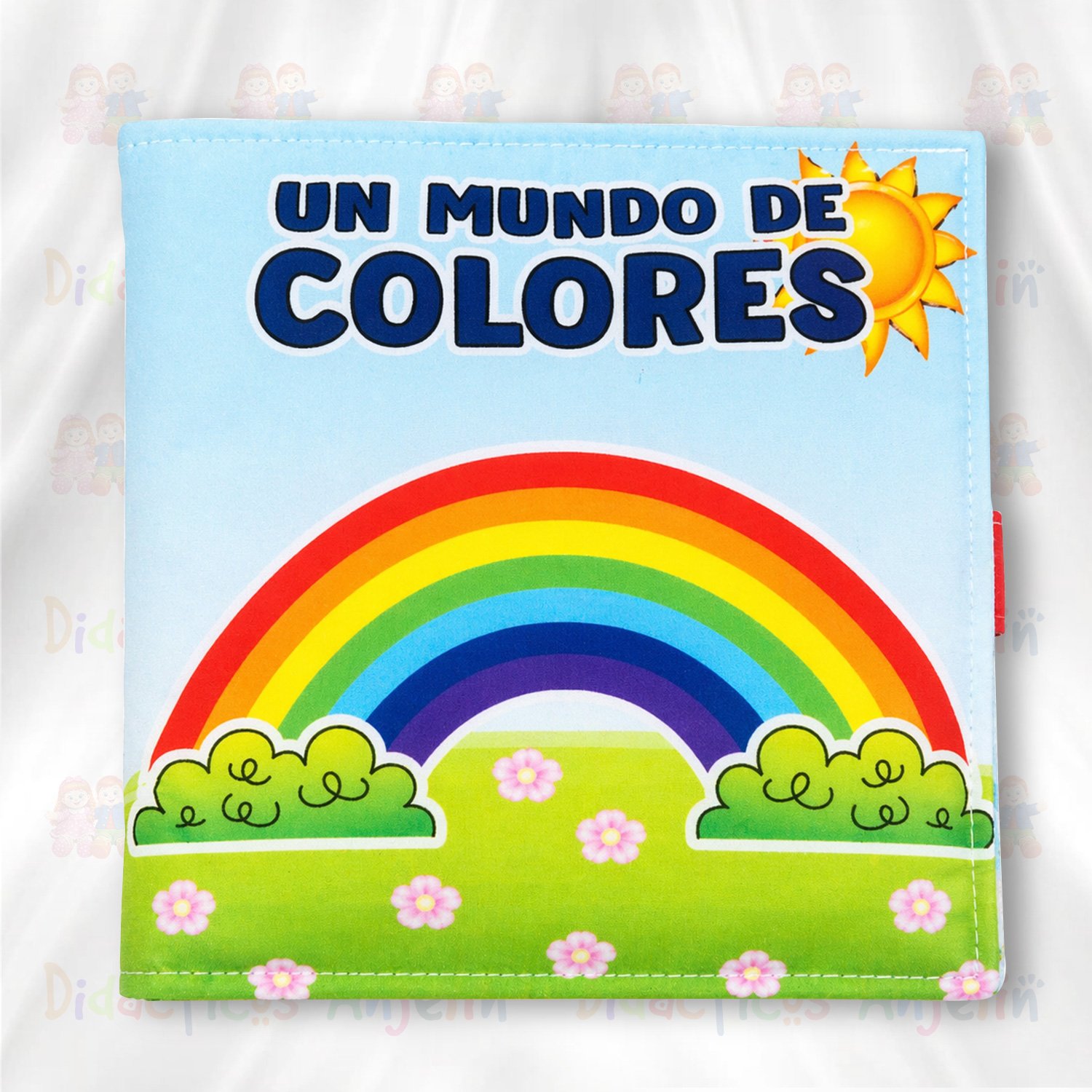 Libro educativo de tela “Un mundo de colores”, juguete didáctico para bebés con ilustración de arcoíris para aprender colores de forma divertida y sensorial.