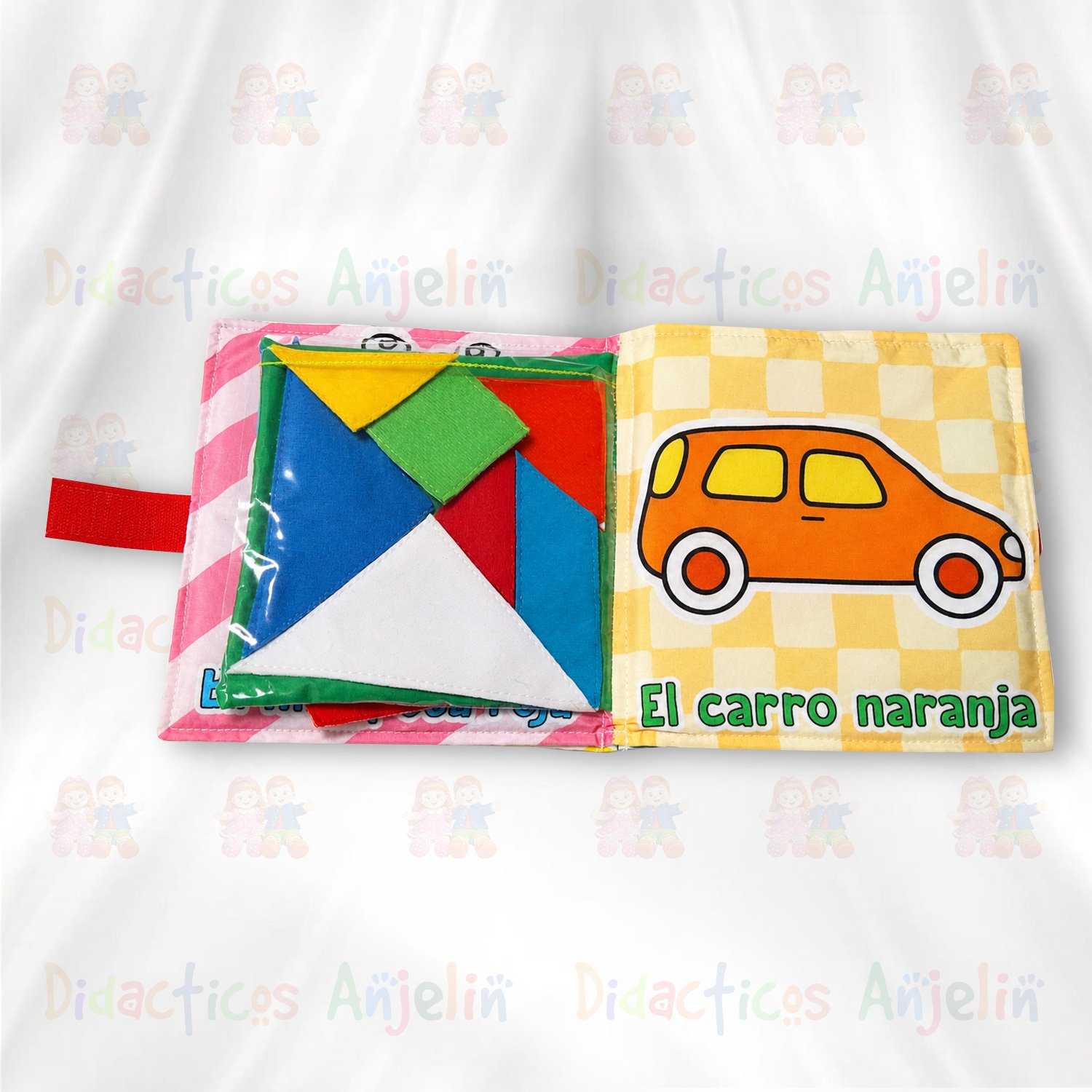 Libro de tela interactivo con figuras geométricas tipo tangram y carro naranja, juguete educativo para niños que desarrolla coordinación, lógica y reconocimiento de colores.