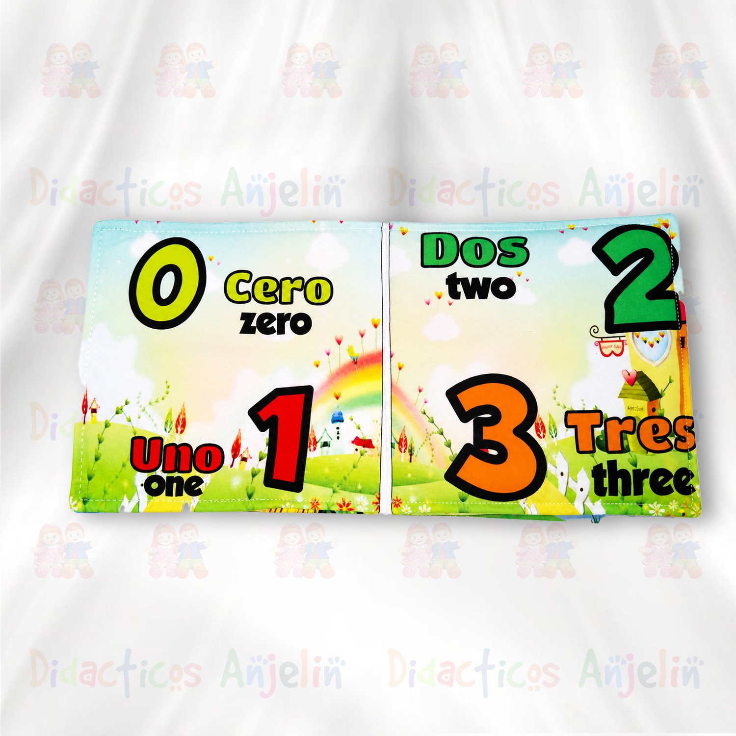 Libro de tela educativo con números 0, 1, 2 y 3 en español e inglés, juguete didáctico para bebés que estimula el reconocimiento numérico y el aprendizaje bilingüe.