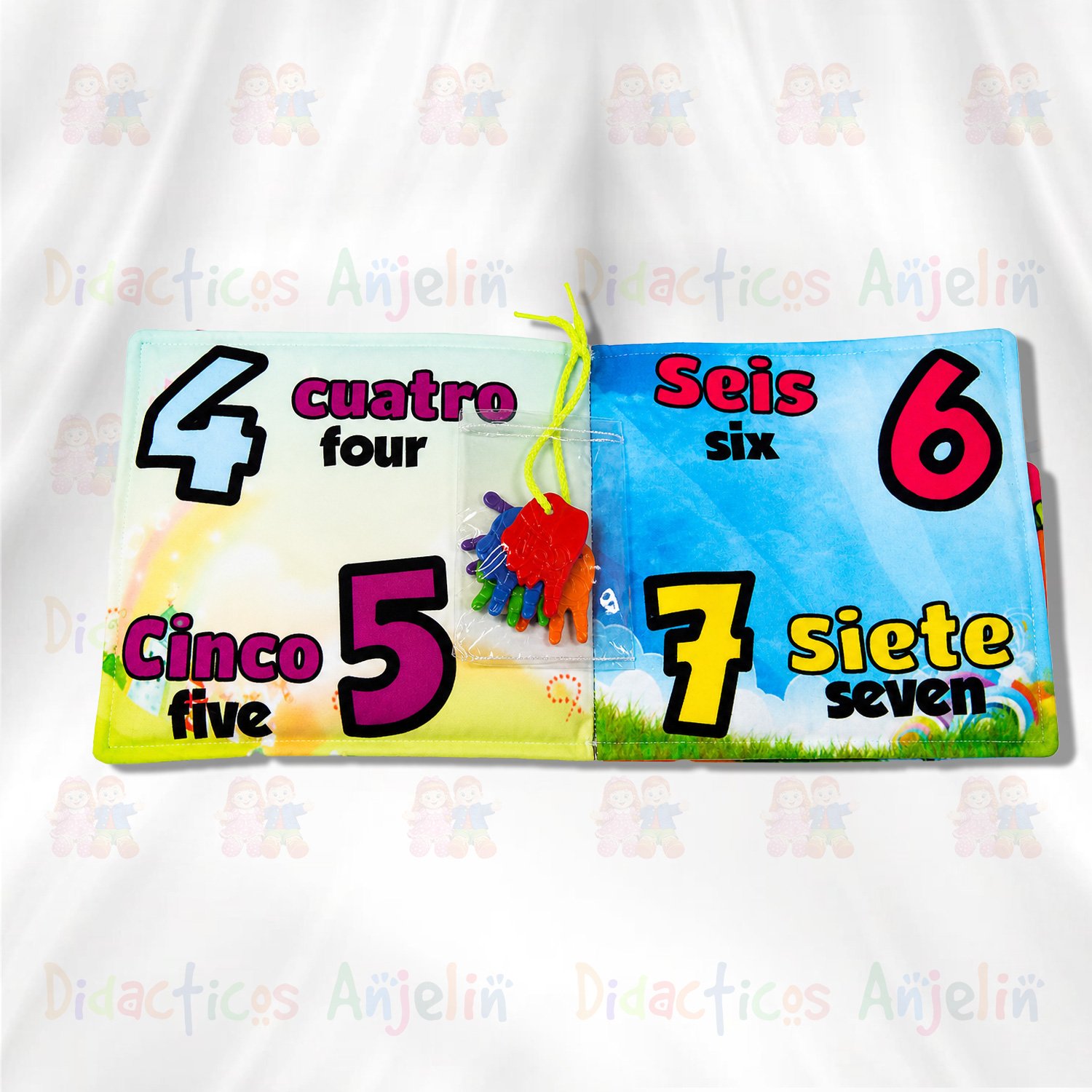 Libro didáctico de números en tela con figuras del 4 al 7, incluye elementos manipulables para estimular coordinación, conteo y aprendizaje sensorial en bebés.