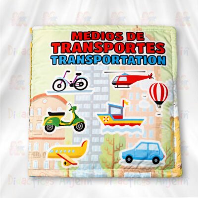 Libro didáctico de tela “Medios de transportes / Transportation” para bebés, juguete educativo con ilustraciones de vehículos como avión, carro, barco y helicóptero.