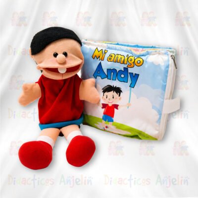 Libro didáctico de tela “Mi amigo Andy” con títere de mano, juguete educativo para bebés y niños pequeños que fomenta el juego interactivo y el desarrollo emocional.