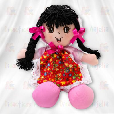 Muñeca artesanal de trapo con trenzas tejidas, vestido estampado y acabados delicados, ideal como regalo especial, decoración infantil o compañera de juegos