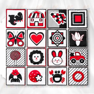 Set de tarjetas sensoriales para bebés con ilustraciones de alto contraste en colores blanco, negro y rojo para estimulación visual temprana