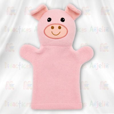Suave títere de cerdo elaborado en tela afelpada, ideal para contar historias, estimular la imaginación y desarrollar habilidades comunicativas en niños y niñas