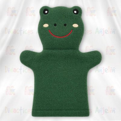 Divertido títere de rana elaborado en tela suave, ideal para juegos creativos, cuentos y actividades educativas infantiles.