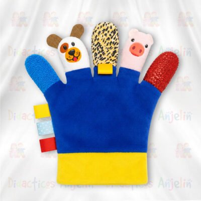 Guante sensorial didáctico para bebé en color azul y amarillo con diferentes texturas y figuras de animales en los dedos